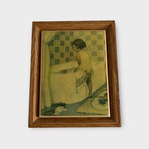 Vintage 1982 Kimberly Enterprises Framed Ceramic Art Tile Child Bat Oak Frame